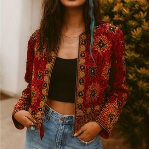 VINTAGE Boho beaded red silk jacket small